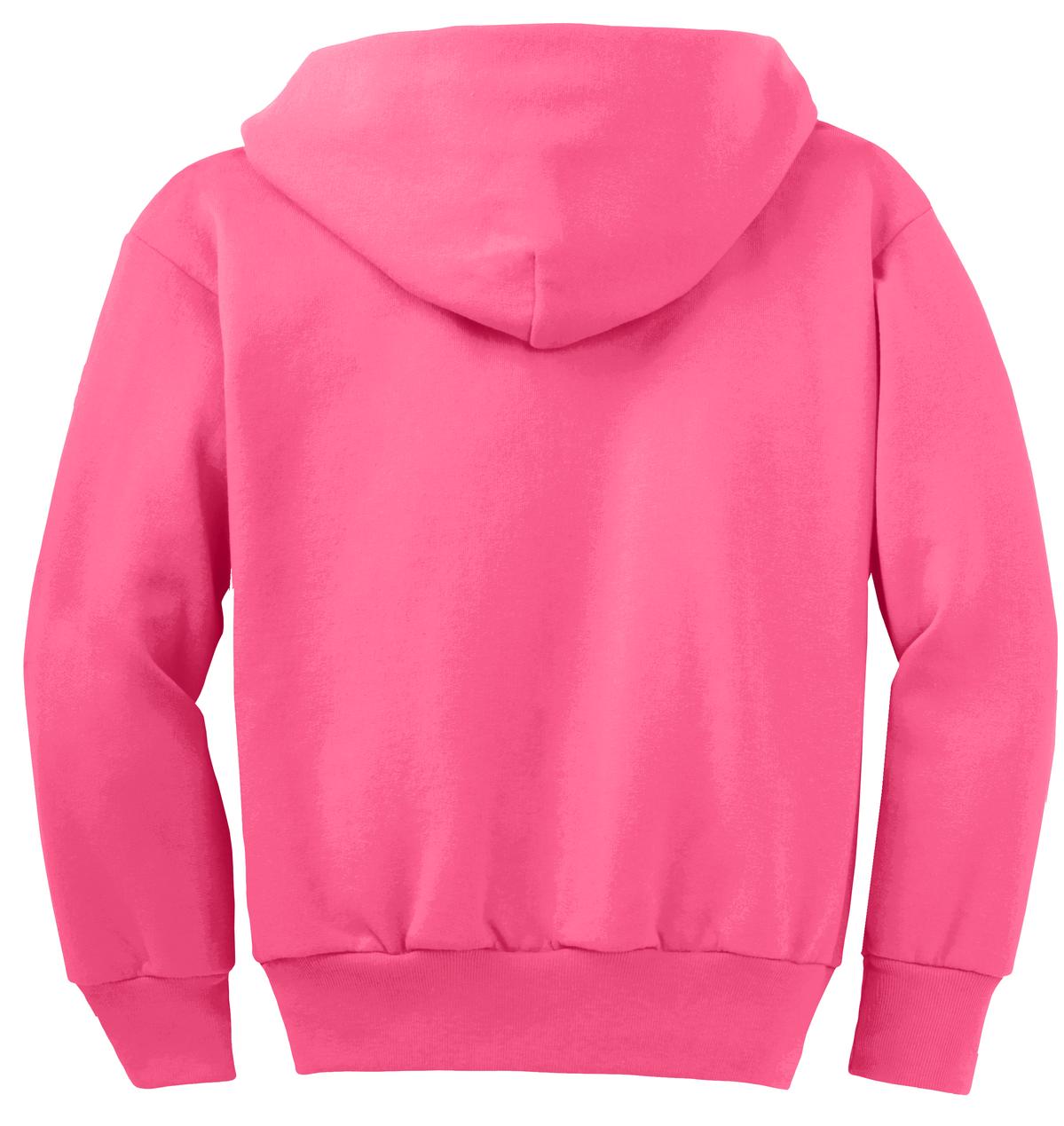 Rear View of Neon Pink Port & Co Youth Core Fleece Full-Zip Hooded Sweatshirt. PC90YZH