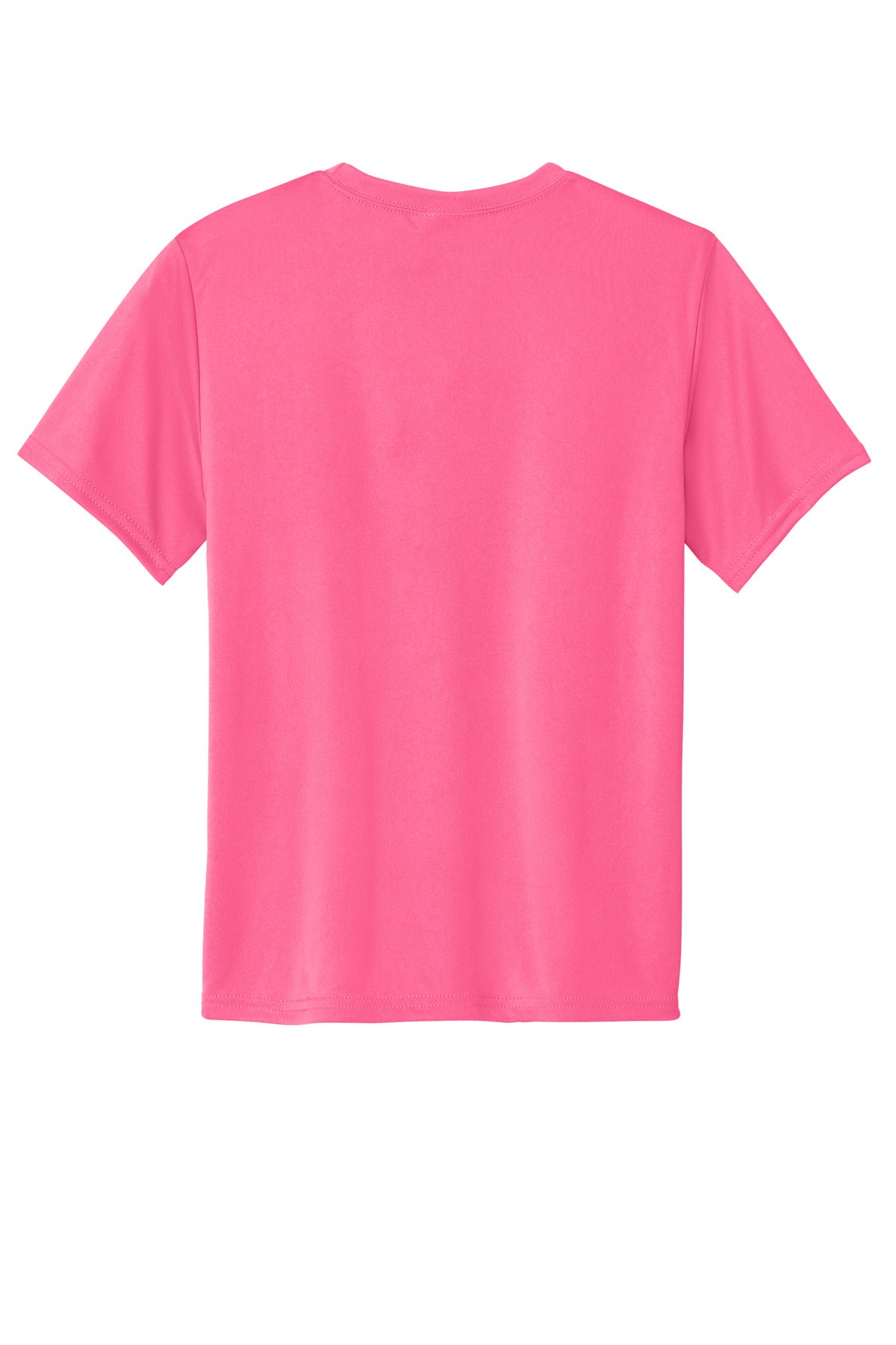 Rear View of Neon Pink Port & Co Youth Performance Tee. PC380Y