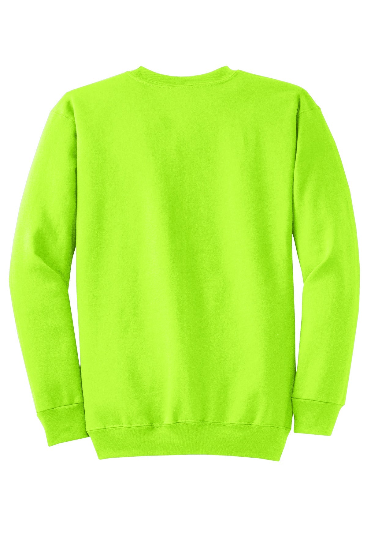 Rear View of Neon Yellow Port & Co Core Fleece Crewneck Sweatshirt. PC78