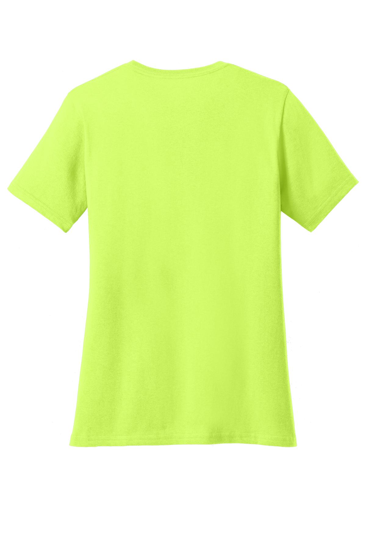 Rear View of Neon Yellow Port & Co Women's Core Cotton V-Neck Tee. LPC54V