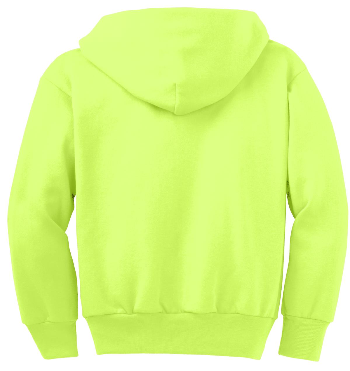Rear View of Neon Yellow Port & Co Youth Core Fleece Full-Zip Hooded Sweatshirt. PC90YZH