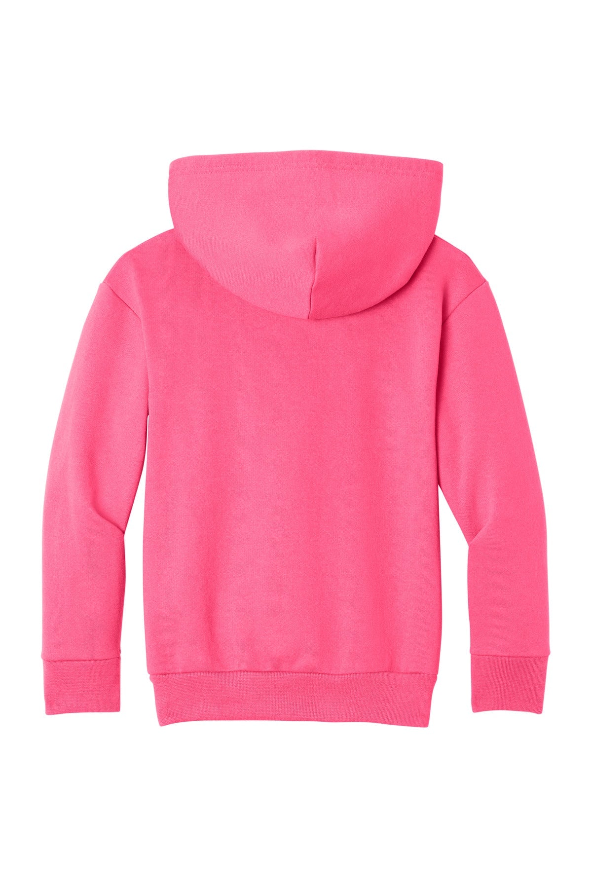 Rear View of NeonPink Port & Co Youth Easy Fleece Pullover Hooded Sweatshirt PC68YH