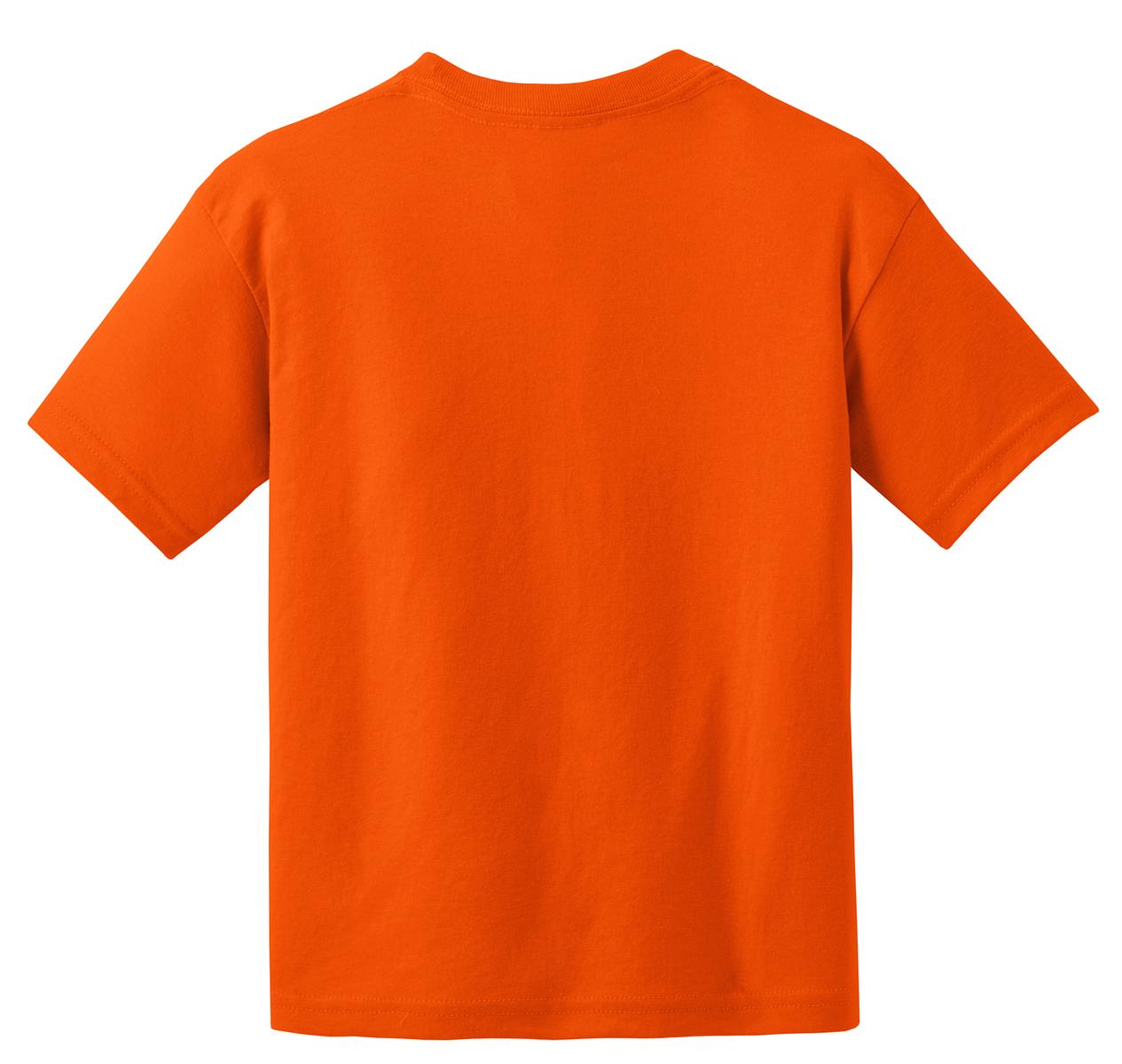 Rear View of Orange Gildan Youth DryBlend 50 Cotton/50 Poly T-Shirt. 8000B
