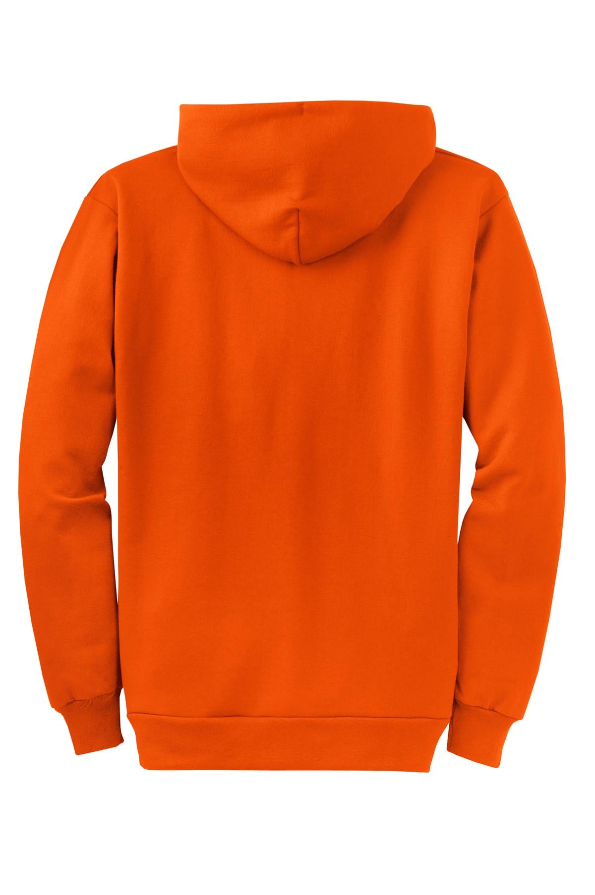 Rear View of Orange Port & Co Core Fleece Full-Zip Hooded Sweatshirt. PC78ZH