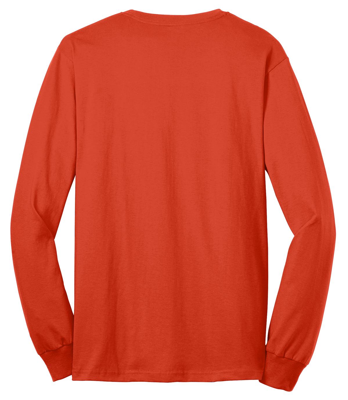 Rear View of Orange Port & Co Long Sleeve Core Blend Tee. PC55LS