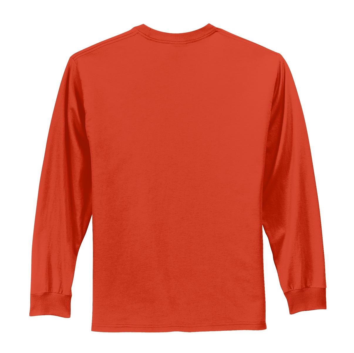 Rear View of Orange Port & Co Long Sleeve Essential Tee. PC61LS
