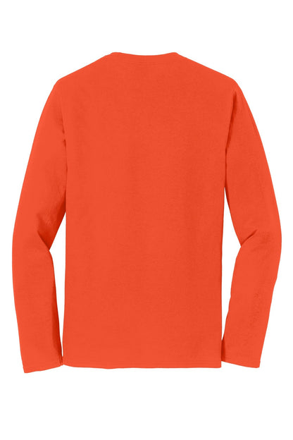 Rear View of Orange Port & Co Long Sleeve Fan Favorite Tee. PC450LS