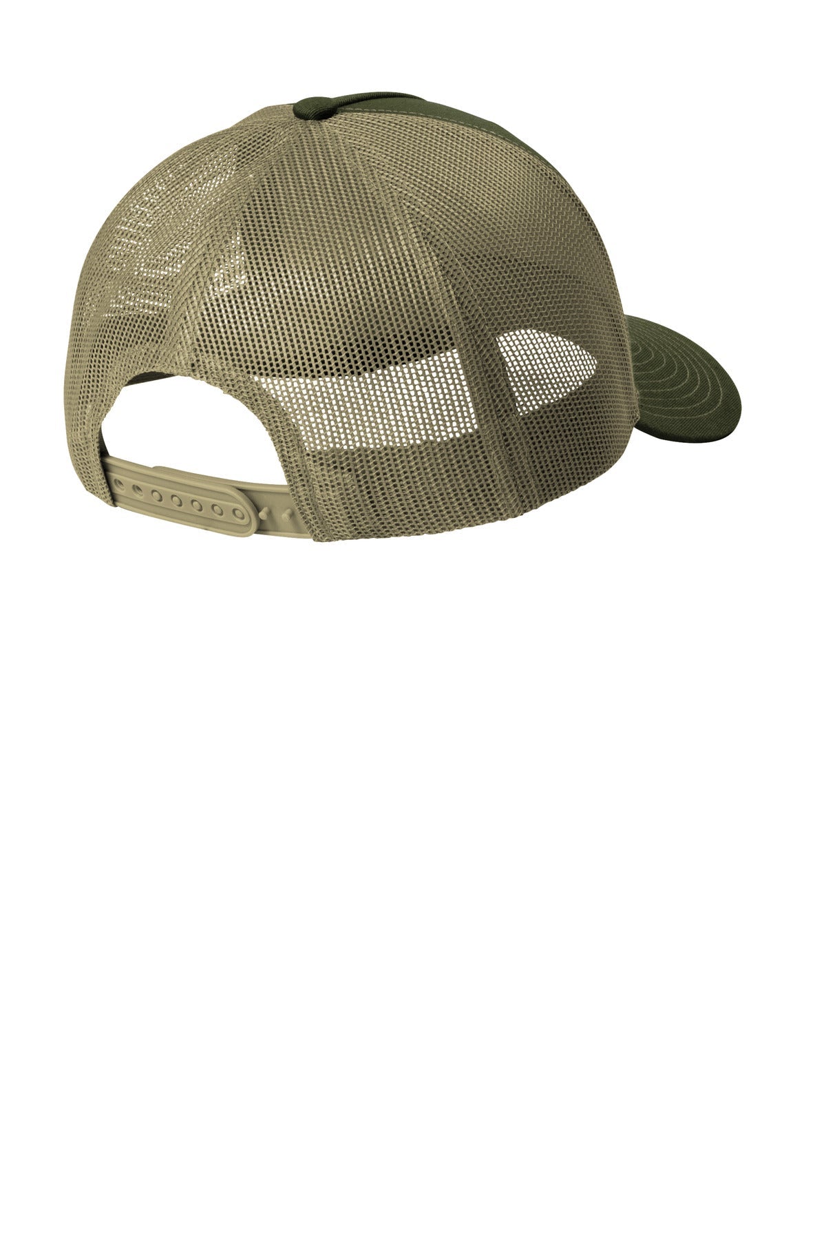 Rear View of OvDrbGn/Tn Port Authority Snapback Five-Panel Trucker Cap C405