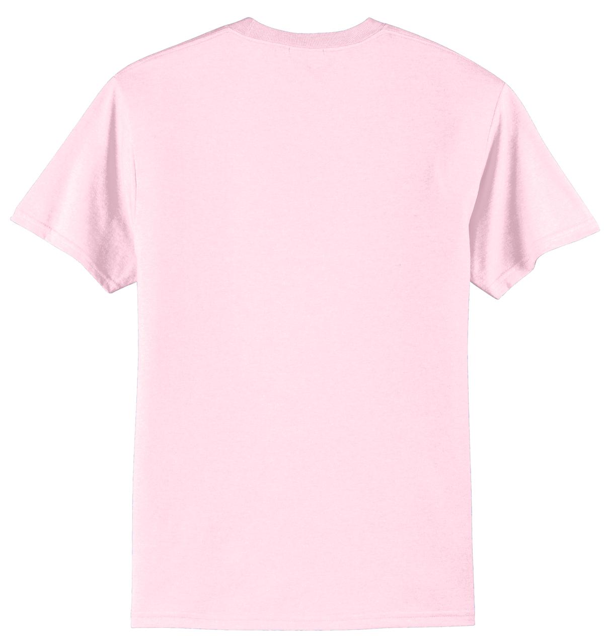 Rear View of Pale Pink Port & Co Core Blend Tee. PC55