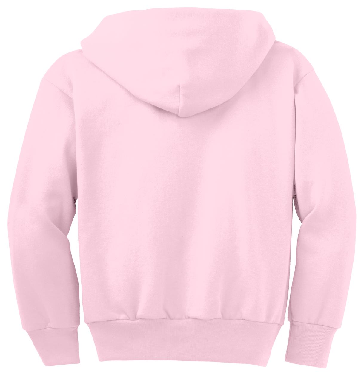 Rear View of Pale Pink Port & Co Youth Core Fleece Full-Zip Hooded Sweatshirt. PC90YZH