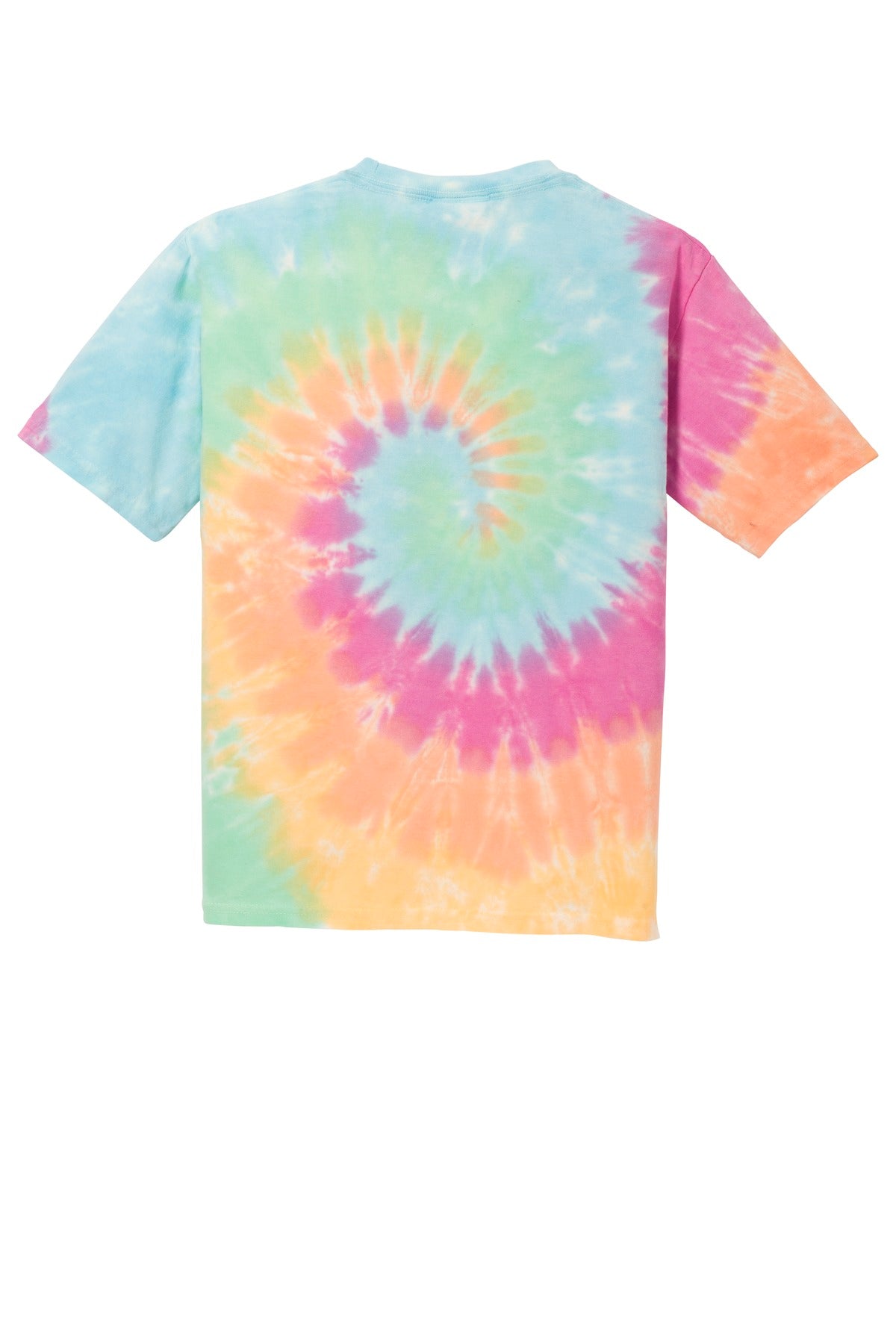 Rear View of Pastel Rainbow Port & Co Youth Tie-Dye Tee. PC147Y