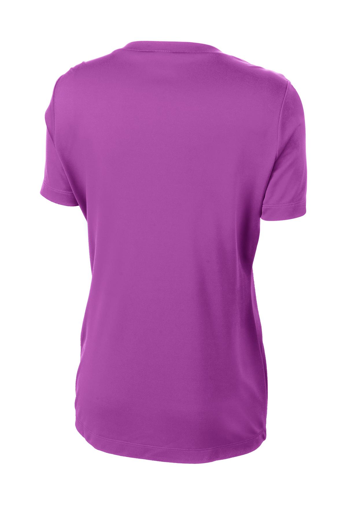 Rear View of Pink Orchid Sport-Tek Women's PosiCharge Competitor V-Neck Tee. LST353