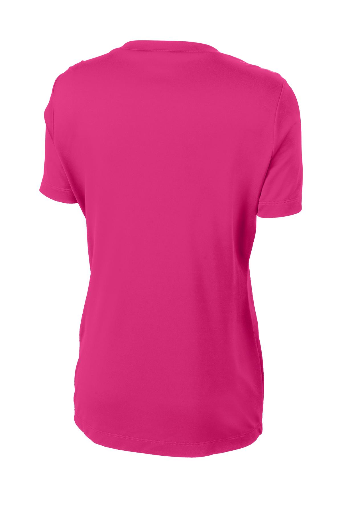 Rear View of Pink Raspberry Sport-Tek Women's PosiCharge Competitor V-Neck Tee. LST353