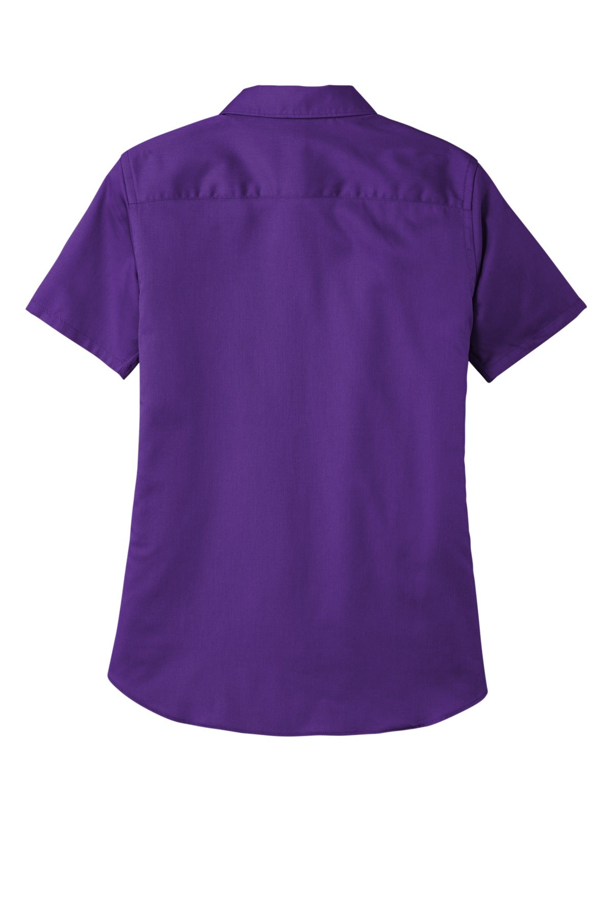 Rear View of Purple Port Authority Women's Short Sleeve SuperPro React Twill Shirt. LW809