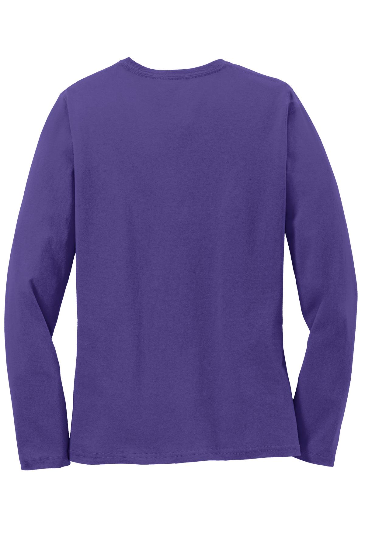 Rear View of Purple Port & Co Women's Long Sleeve Core Cotton Tee. LPC54LS