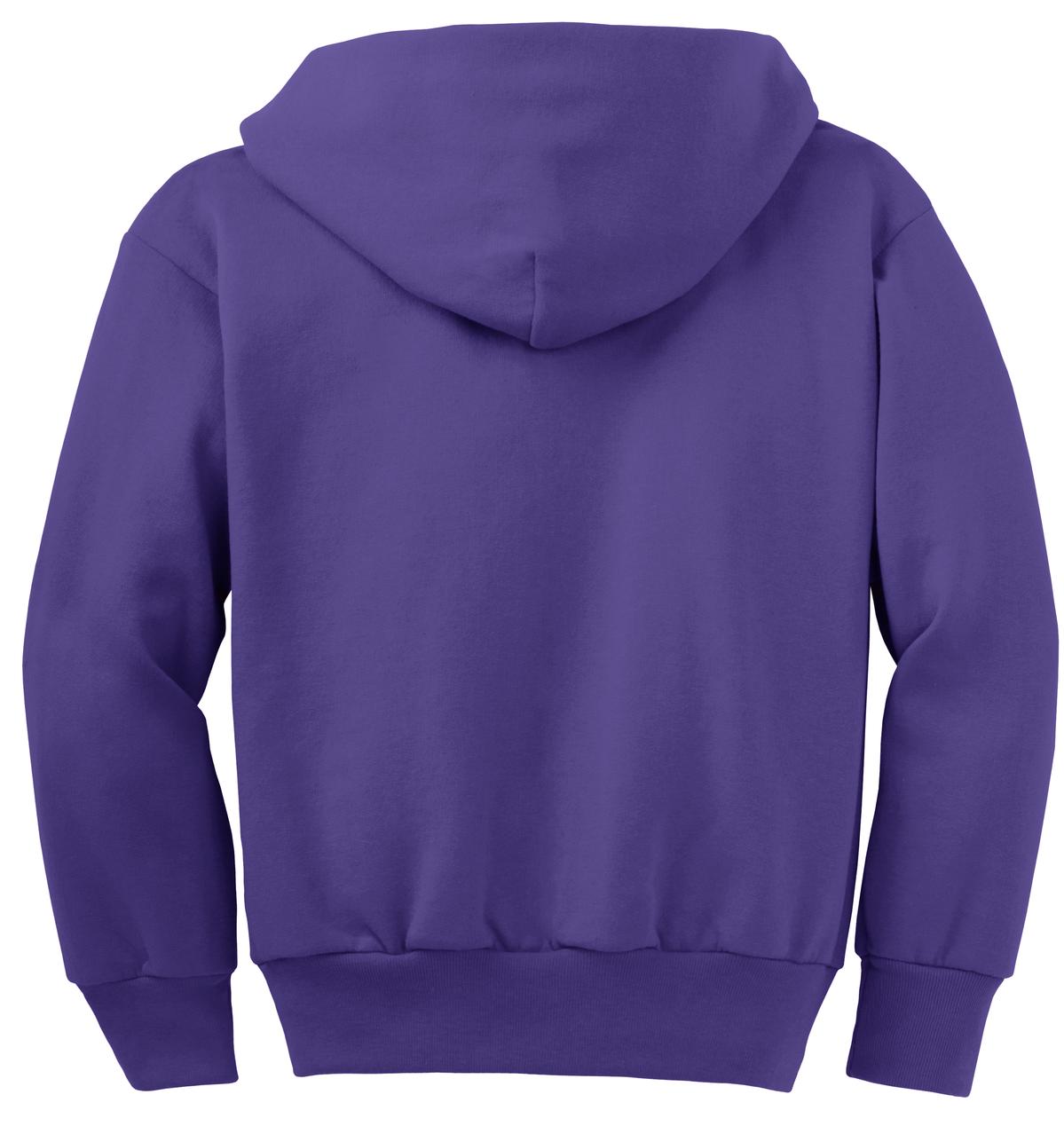 Rear View of Purple Port & Co Youth Core Fleece Full-Zip Hooded Sweatshirt. PC90YZH