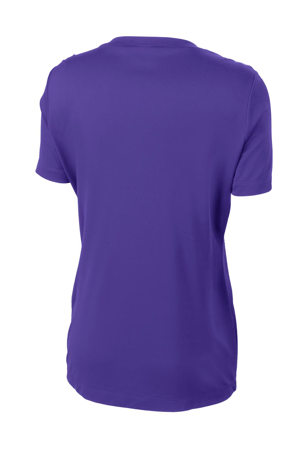 Rear View of Purple Sport-Tek Women's PosiCharge Competitor V-Neck Tee. LST353