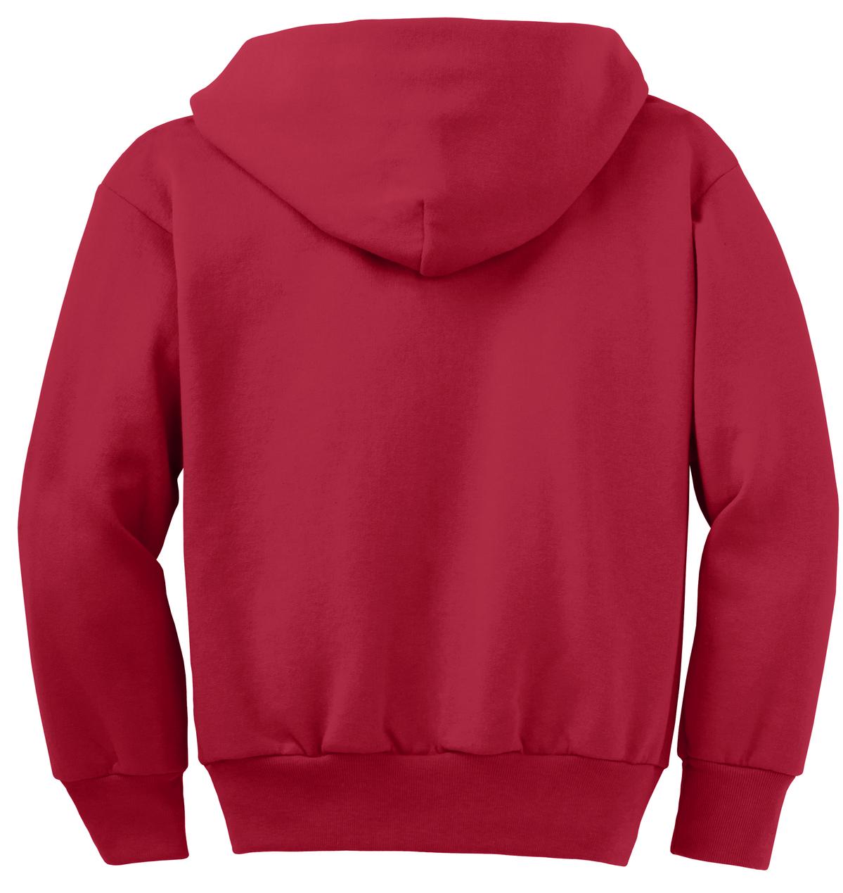 Rear View of Red Port & Co Youth Core Fleece Full-Zip Hooded Sweatshirt. PC90YZH