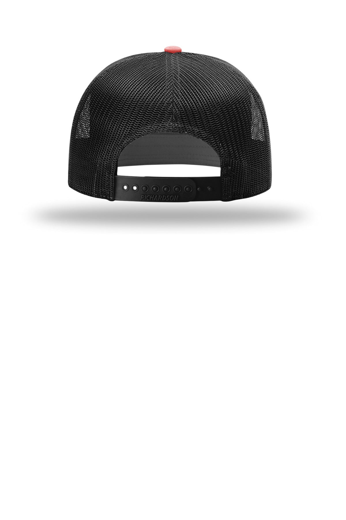 Rear View of Red/Black Richardson 7-Panel Trucker 168