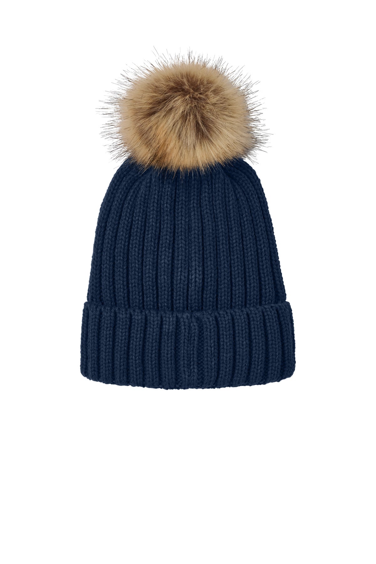 Rear View of RiverBlNv Port Authority Faux Fur Pom Beanie C990