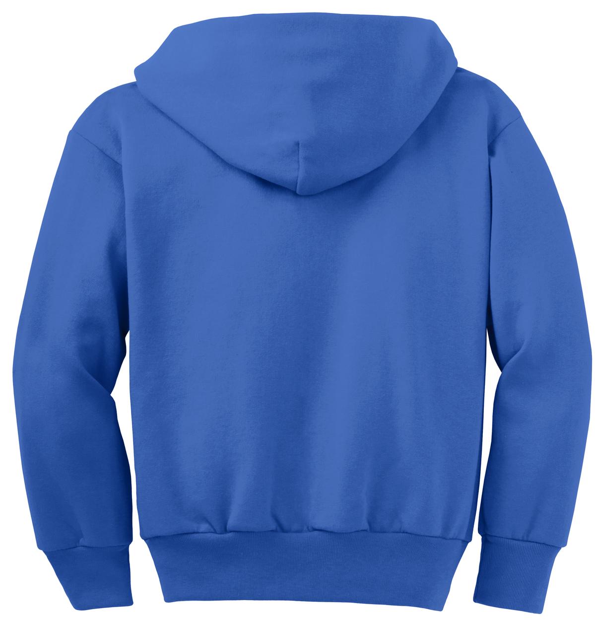 Rear View of Royal Port & Co Youth Core Fleece Full-Zip Hooded Sweatshirt. PC90YZH