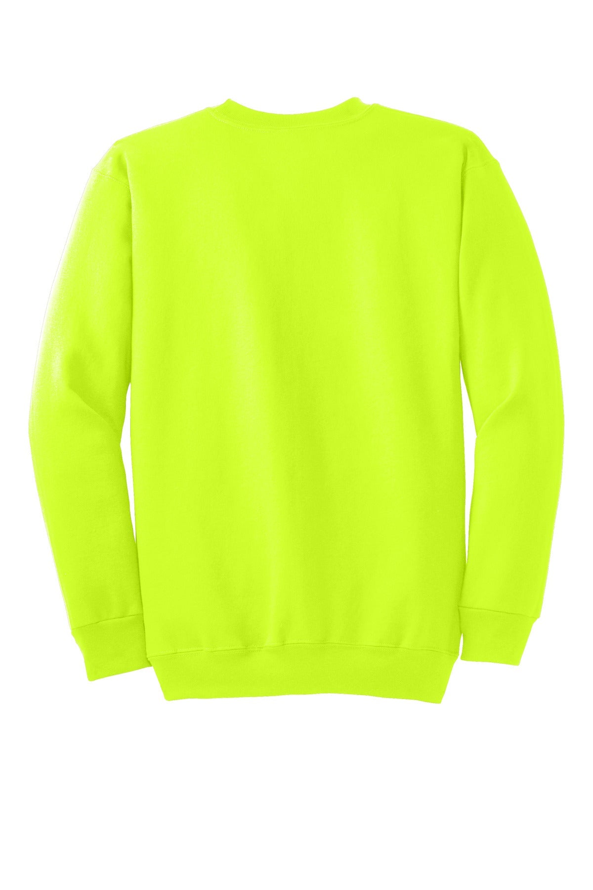 Rear View of Safety Green Port & Co Essential Fleece Crewneck Sweatshirt. PC90