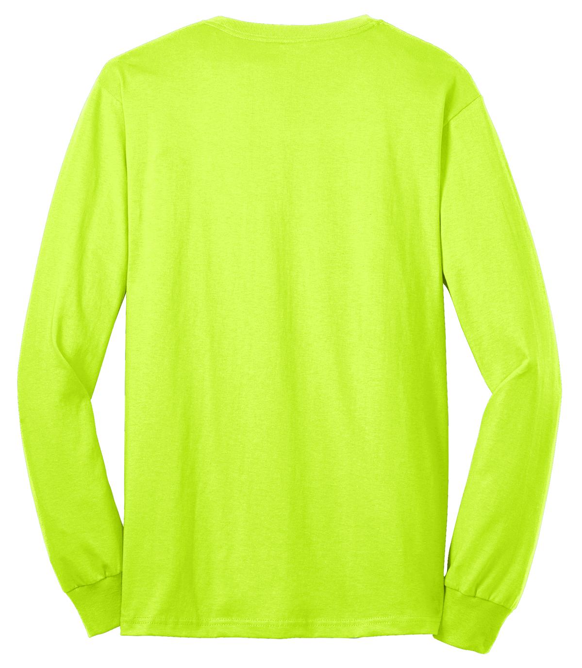 Rear View of Safety Green Port & Co Long Sleeve Core Blend Tee. PC55LS