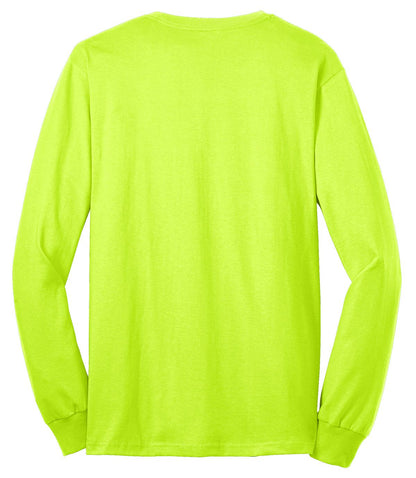 Rear View of Safety Green Port & Co Long Sleeve Core Blend Tee. PC55LS