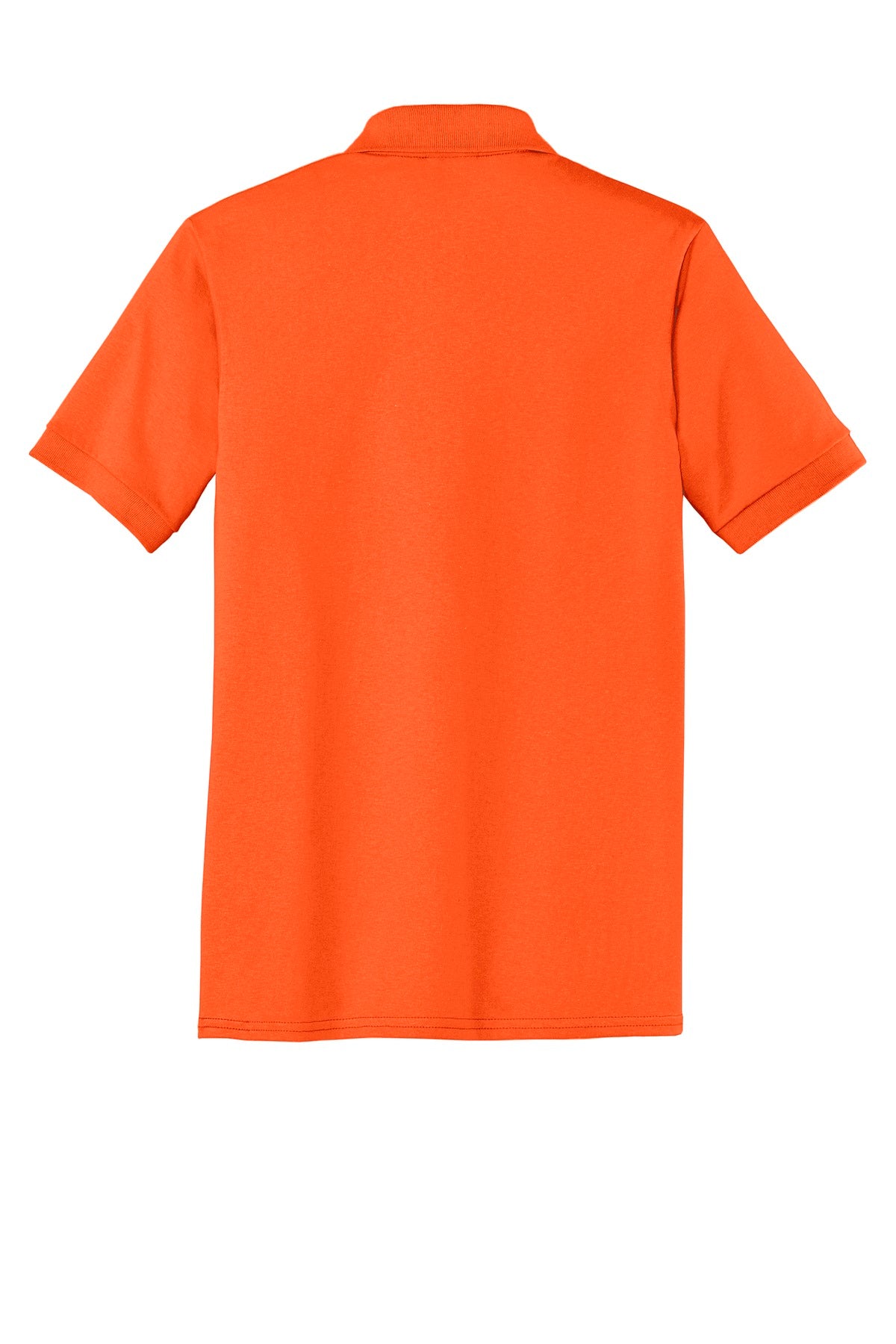 Rear View of Safety Orange Port & Co Core Blend Jersey Knit Polo. KP55