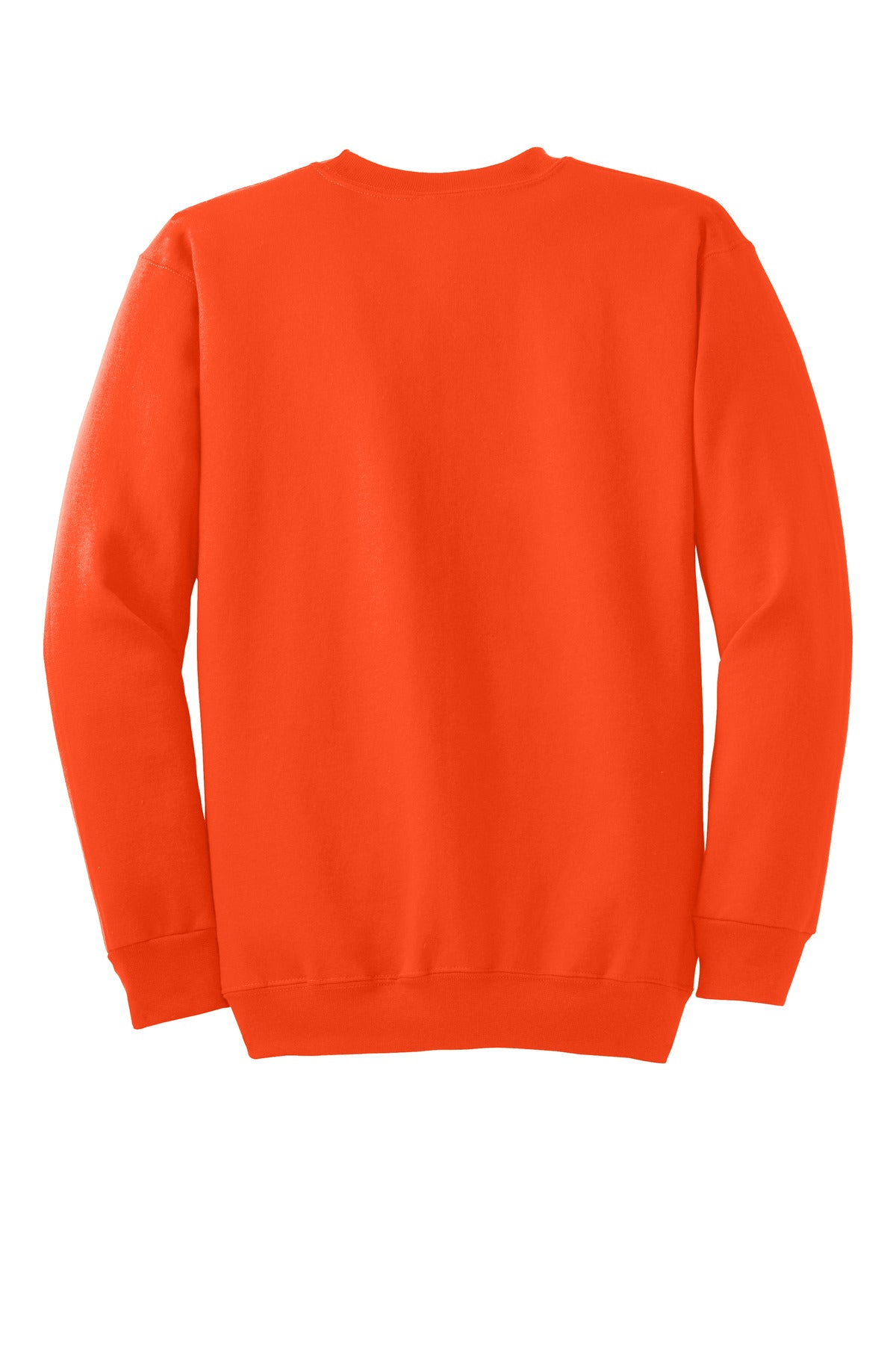 Rear View of Safety Orange Port & Co Essential Fleece Crewneck Sweatshirt. PC90