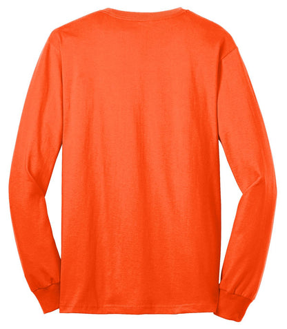 Rear View of Safety Orange Port & Co Long Sleeve Core Blend Tee. PC55LS