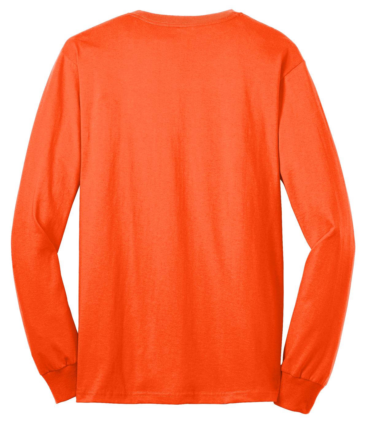 Rear View of Safety Orange Port & Co Long Sleeve Core Blend Tee. PC55LS