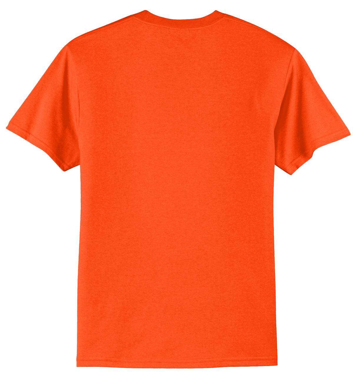 Rear View of Safety Orange Port & Co Tall Core Blend Tee. PC55T