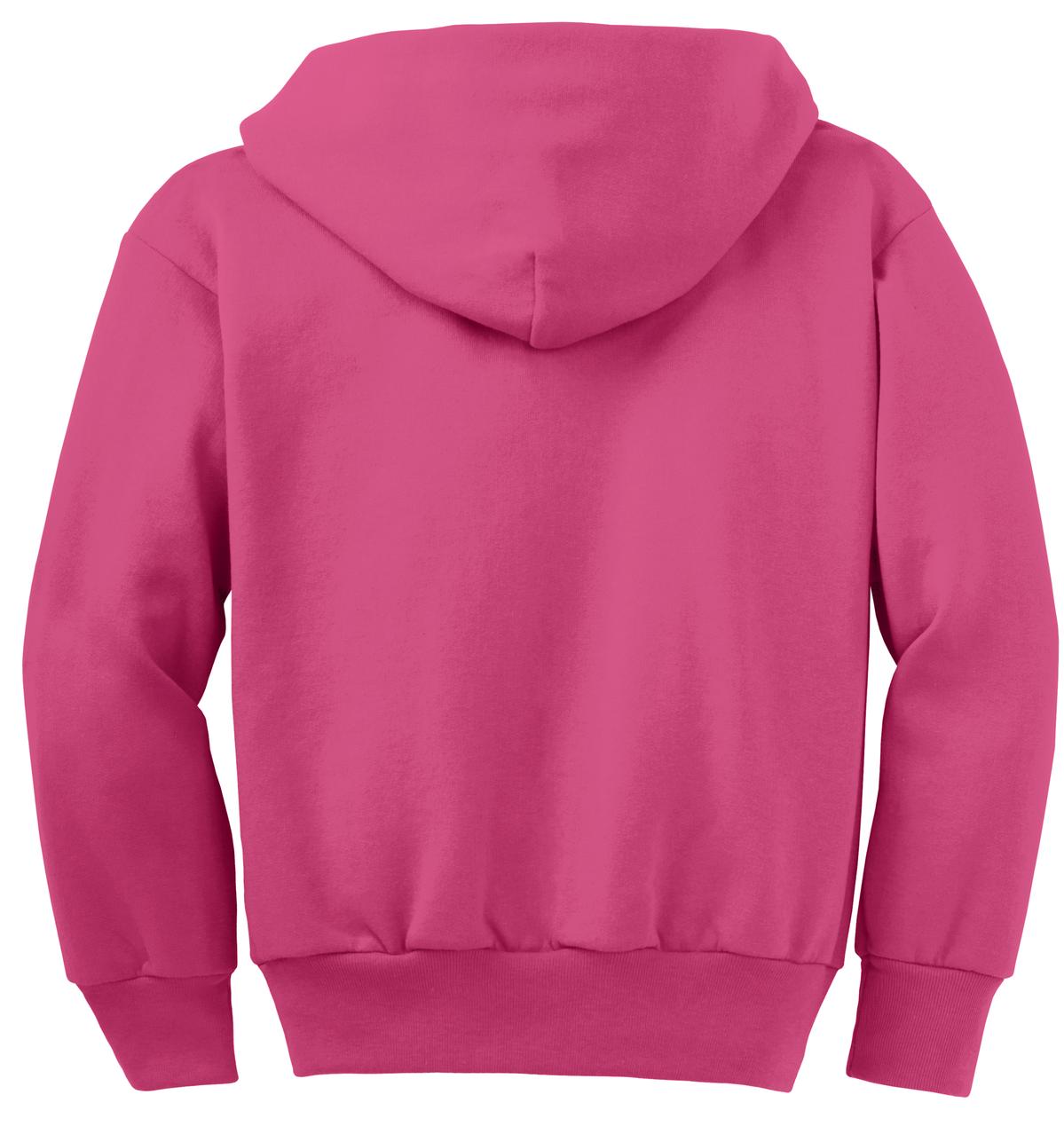Rear View of Sangria Port & Co Youth Core Fleece Full-Zip Hooded Sweatshirt. PC90YZH