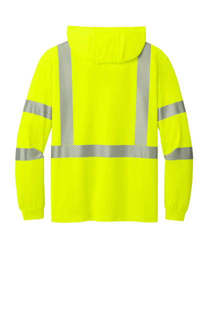Rear View of SftyYellow CornerStone ANSI 107 Class 3 Long Sleeve Segmented Tape Hooded Tee CS208