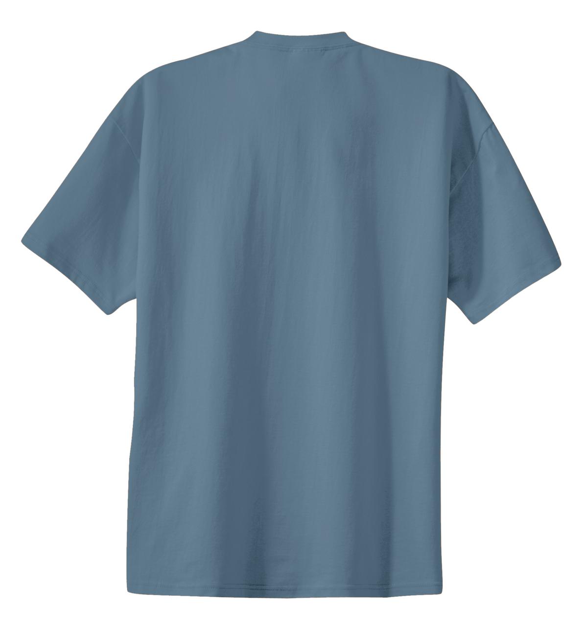 Rear View of Stonewash Blue Port & Co Essential Tee. PC61