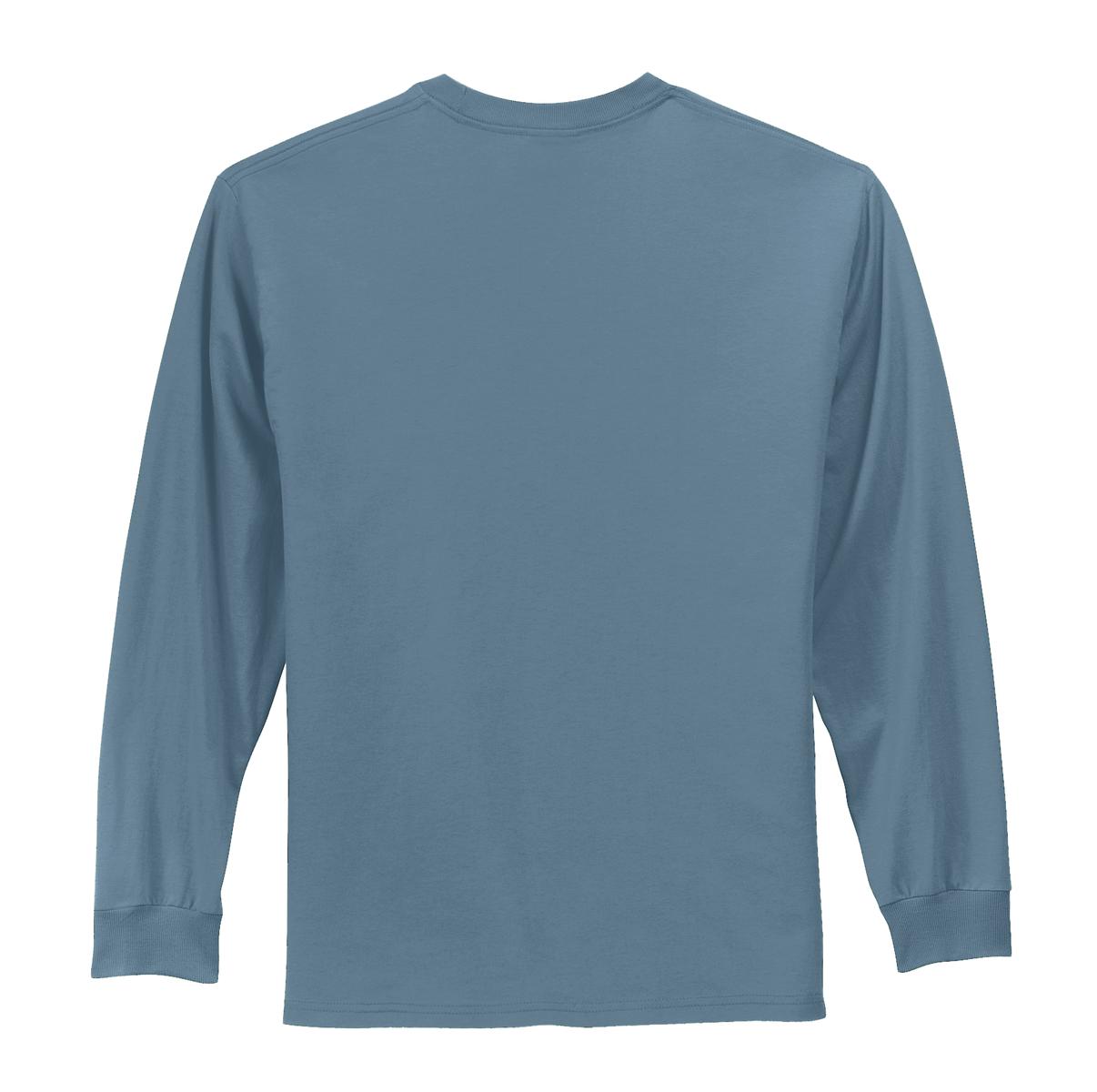 Rear View of Stonewash Blue Port & Co Long Sleeve Essential Tee. PC61LS