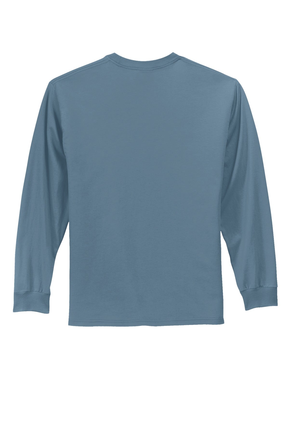 Rear View of Stonewash Blue Port & Co Long Sleeve Essential Tee. PC61LS
