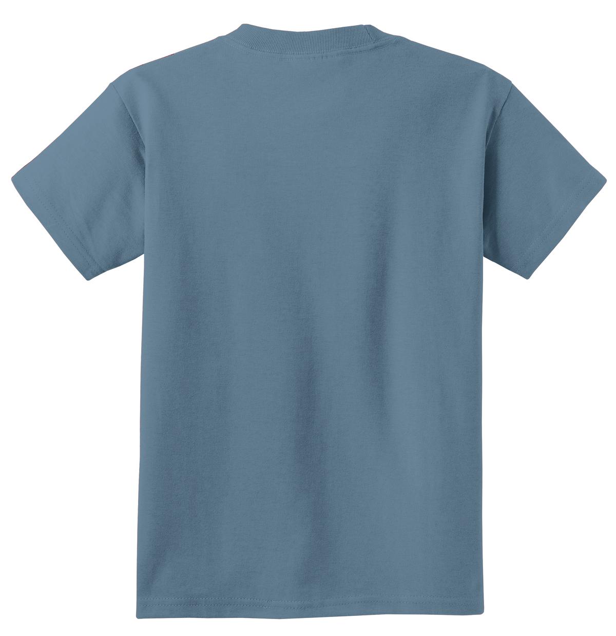 Rear View of Stonewshd Blue Port & Co Youth Essential Tee. PC61Y