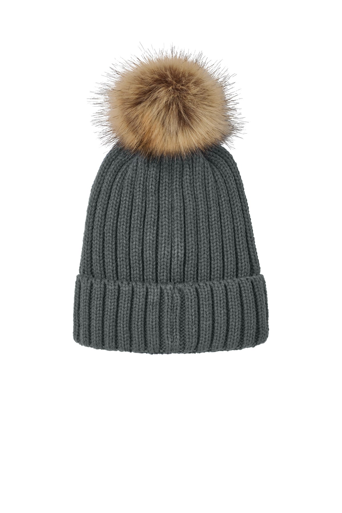 Rear View of StormGrey Port Authority Faux Fur Pom Beanie C990