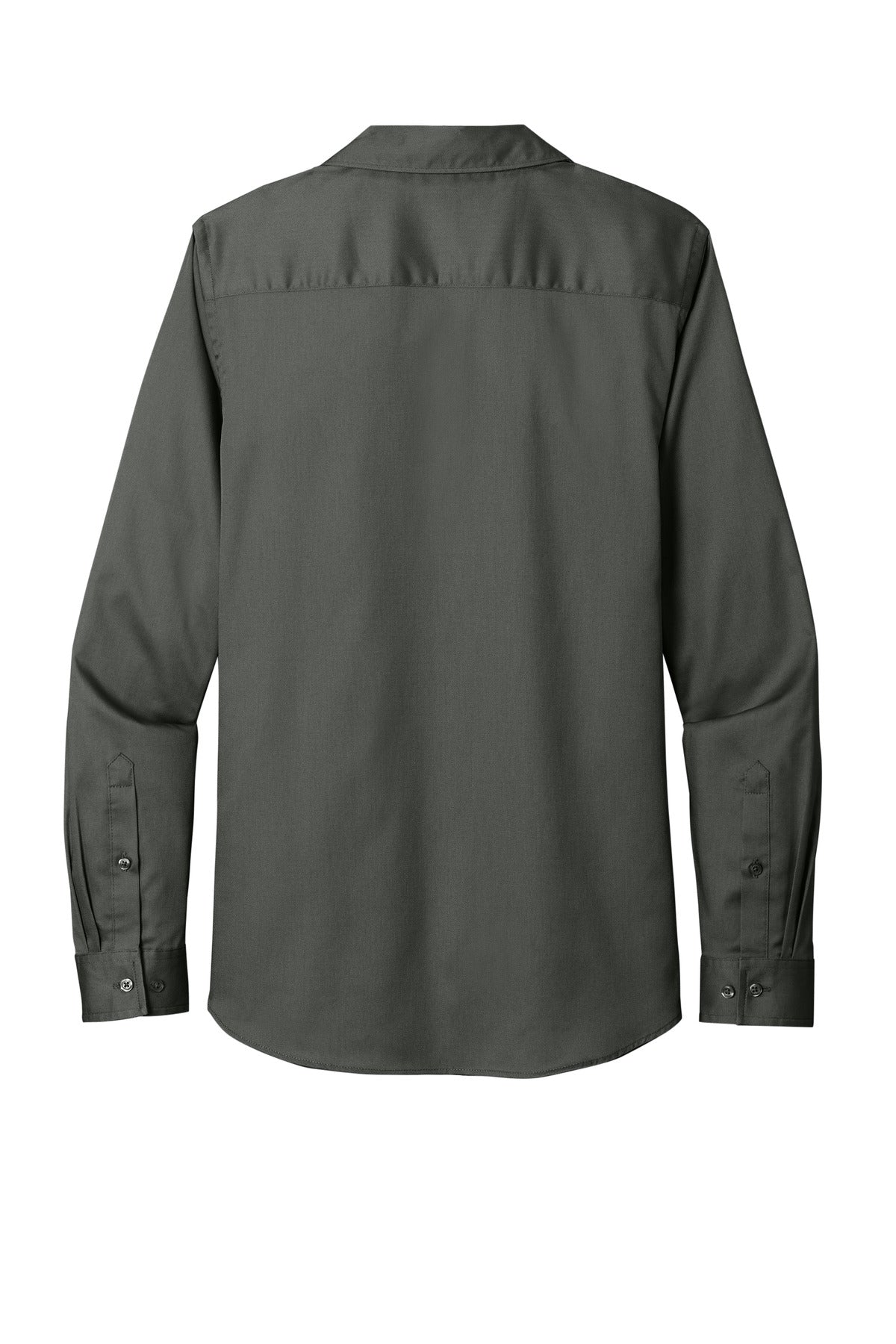 Rear View of StormGrey Port Authority Women's Long Sleeve SuperPro React Twill Shirt. LW808