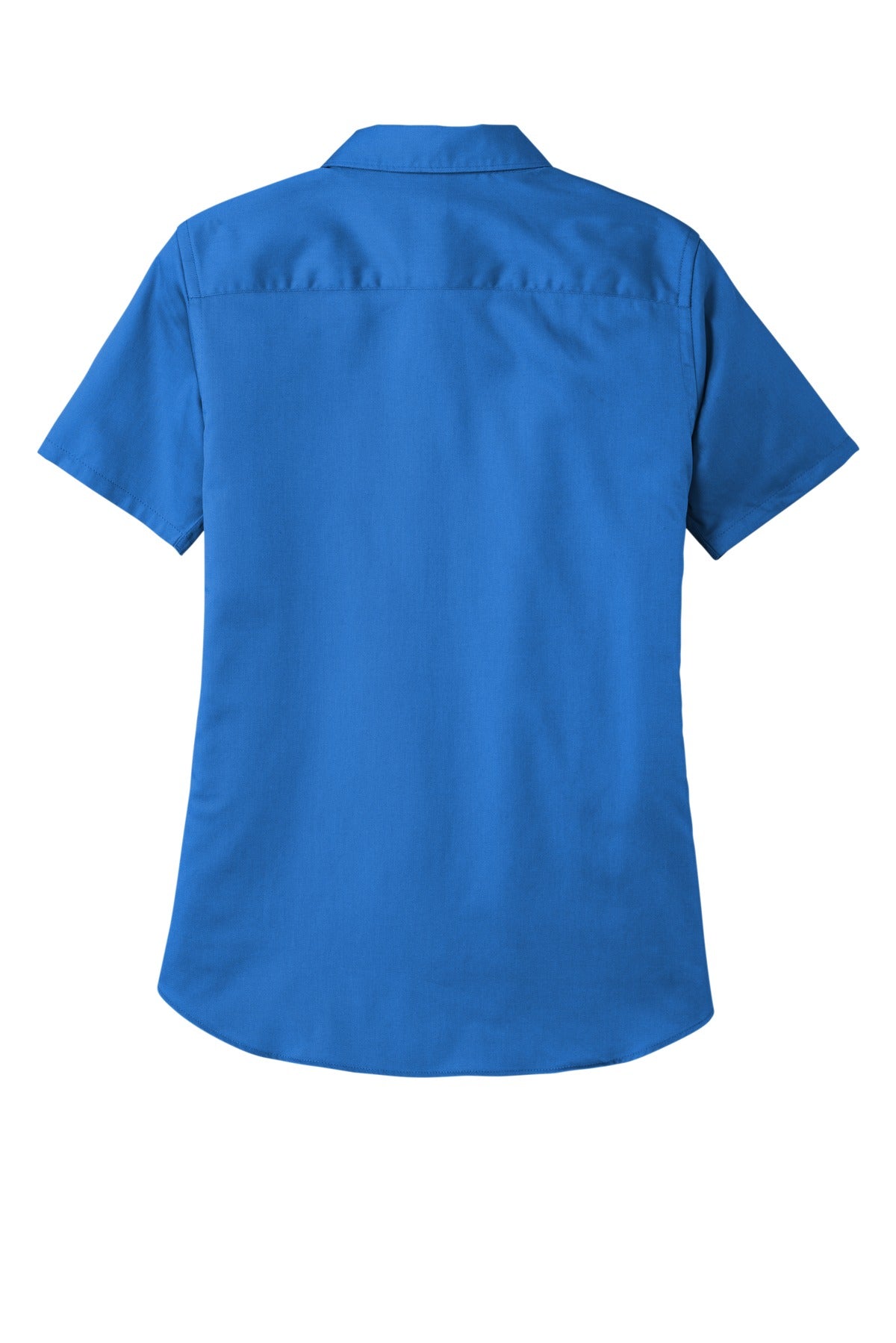 Rear View of StrongBlue Port Authority Women's Short Sleeve SuperPro React Twill Shirt. LW809