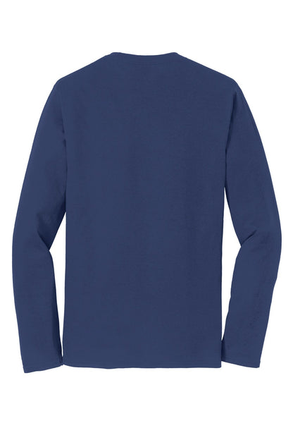 Rear View of Team Navy Port & Co Long Sleeve Fan Favorite Tee. PC450LS