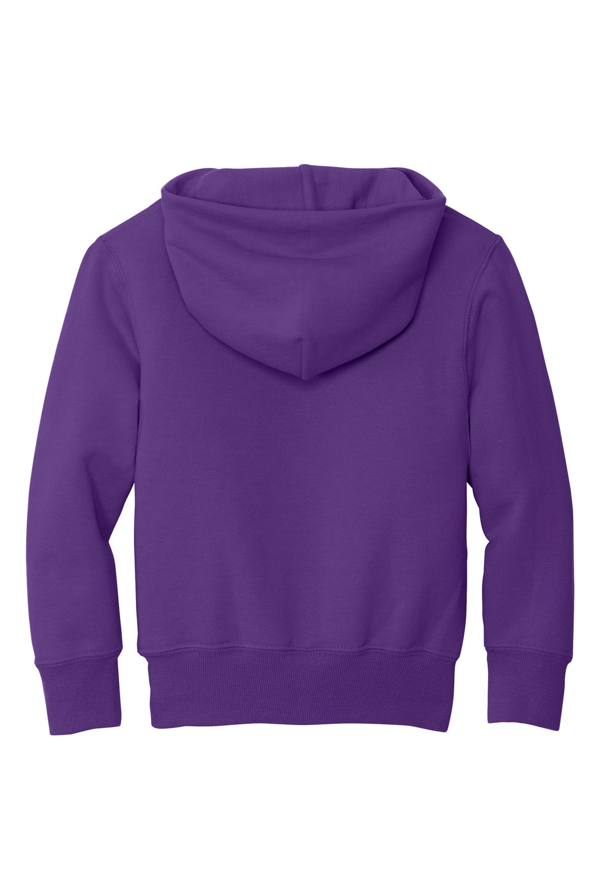 Rear View of Team Purple Port & Co Youth Core Fleece Pullover Hooded Sweatshirt. PC90YH