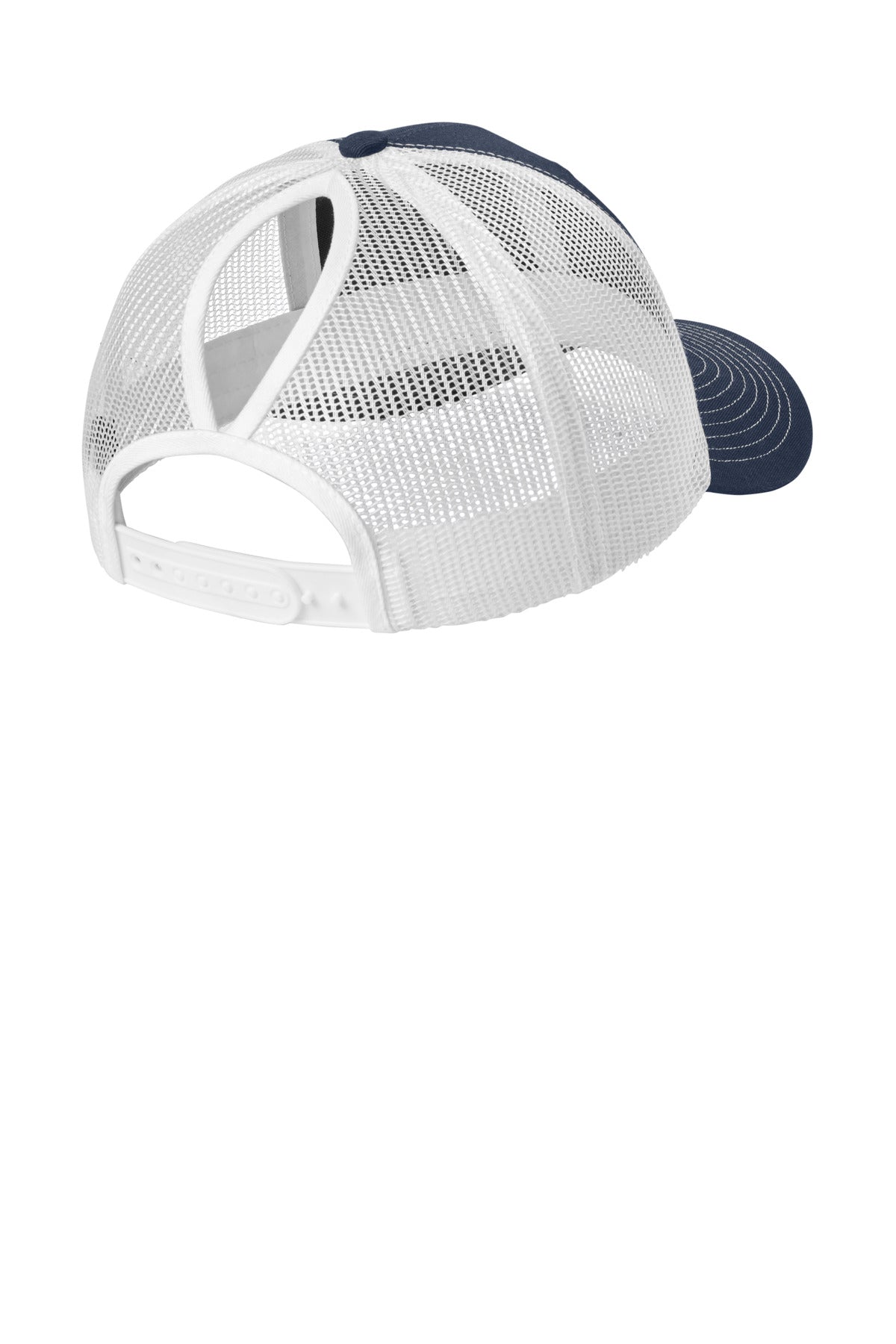 Rear View of TrNv/White Port Authority Snapback Ponytail Trucker Cap LC401
