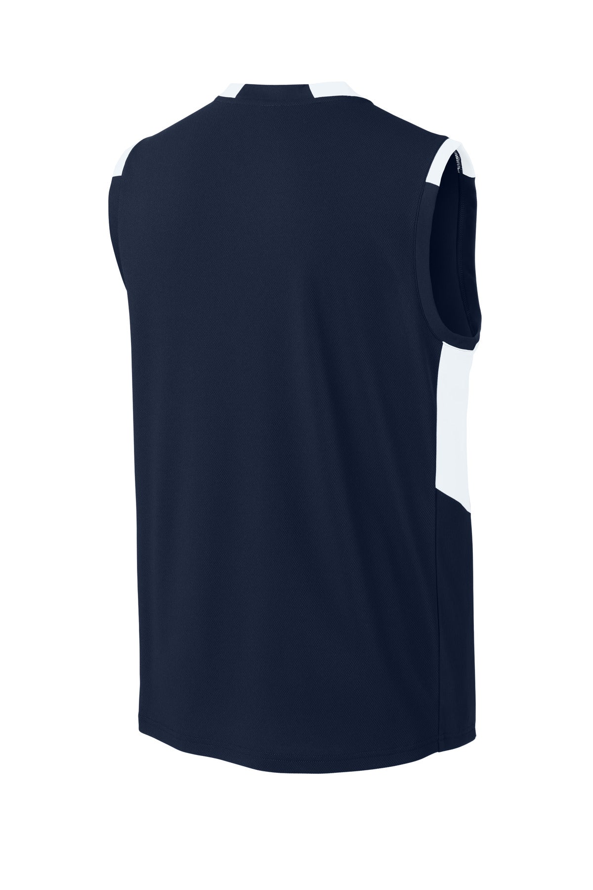 Rear View of TrNv/White Sport-Tek Club Sleeveless V-Neck ST441