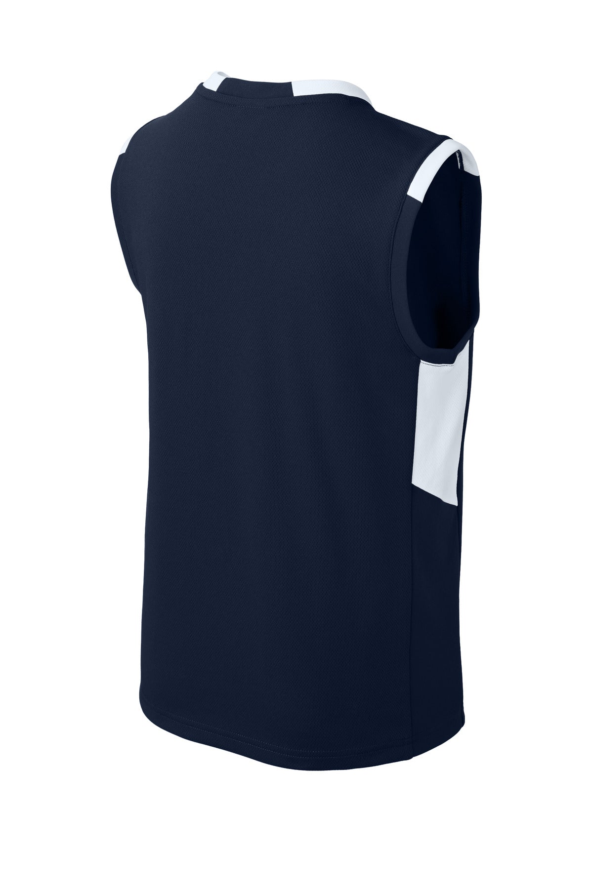 Rear View of TrNv/White Sport-Tek Youth Club Sleeveless V-Neck YST441