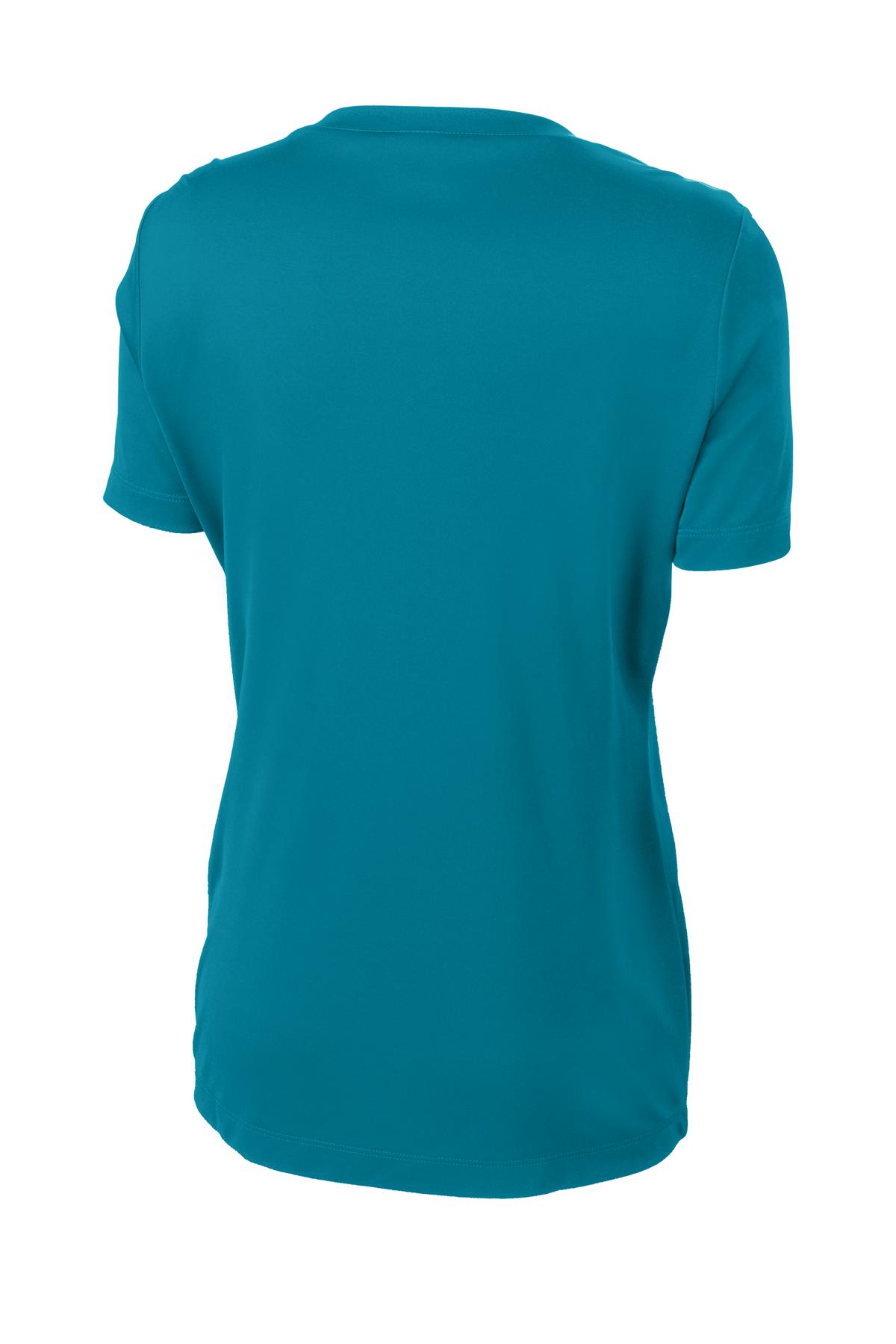 Rear View of Tropic Blue Sport-Tek Women's PosiCharge Competitor V-Neck Tee. LST353