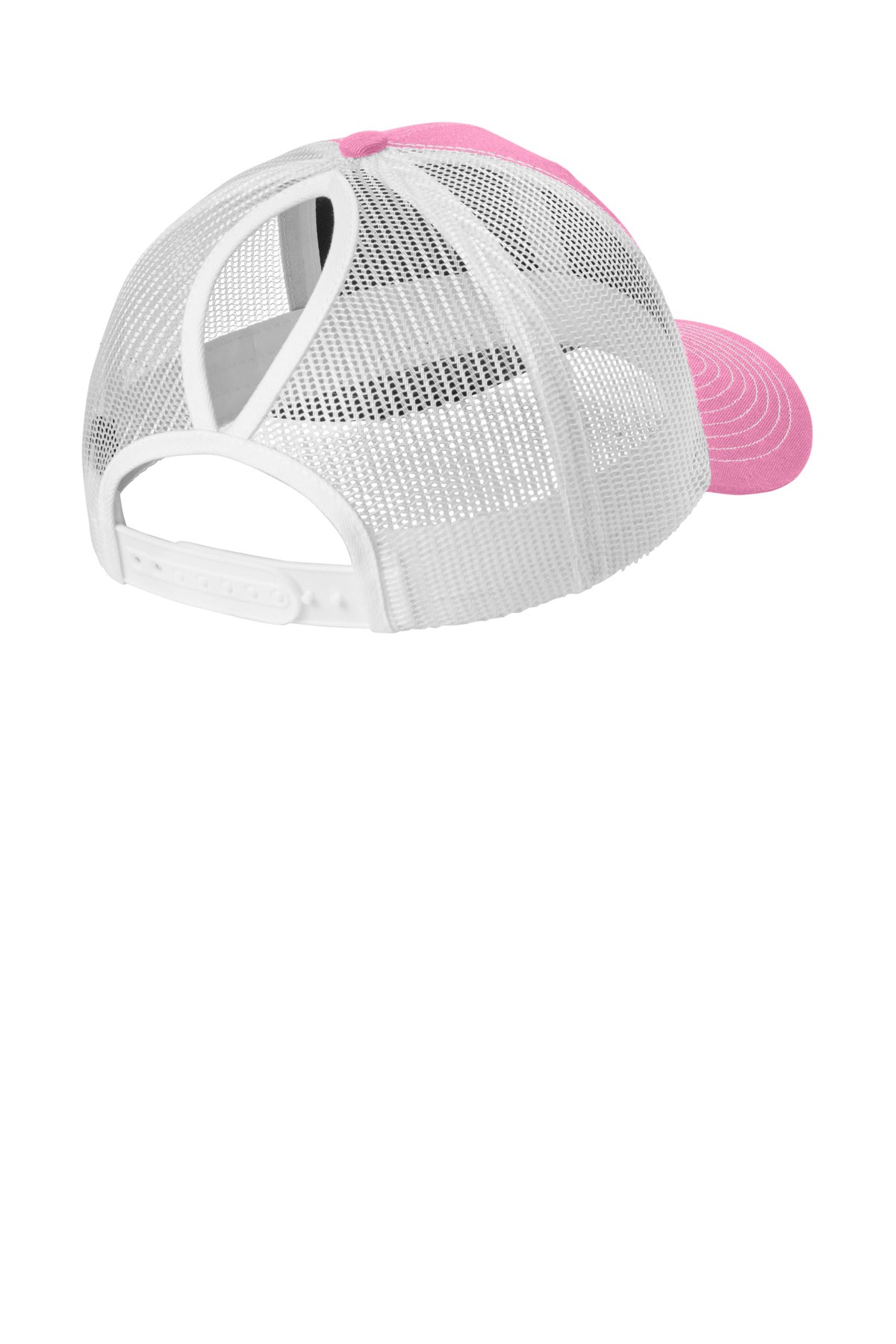 Rear View of TrPk/Wht Port Authority Snapback Ponytail Trucker Cap LC401
