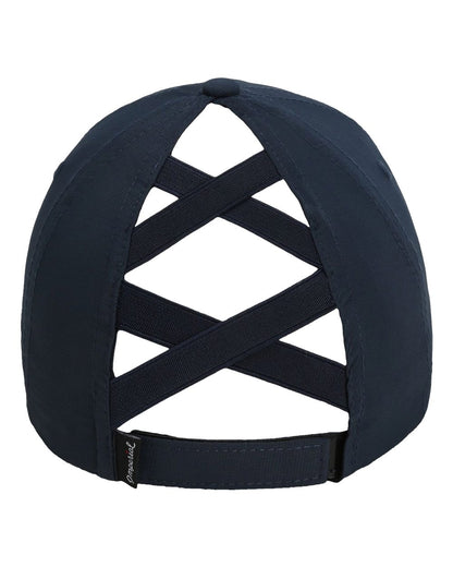Rear View of True Navy The Hinsen Women's Performance Ponytail Cap - L338